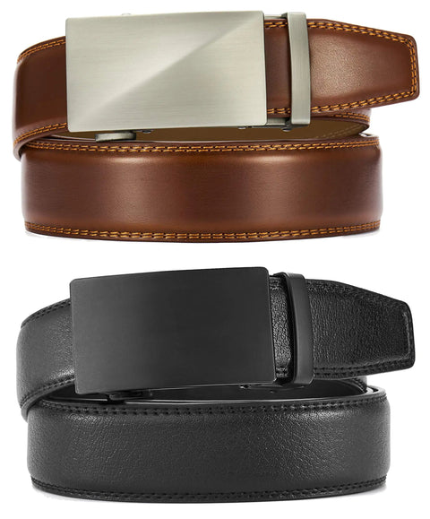 Men's Leather Ratchet Belt 2 Pack With Adjustable Fit And Removable Buckle 35mm Wide Slick Click System, brown and black belts