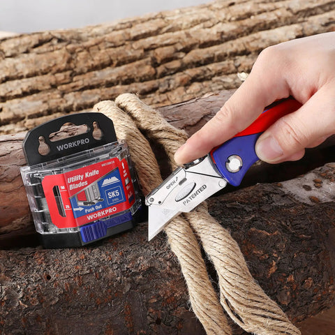 50 Pack Utility Knife Blades With Dispenser, Razor Sharp SK5 Steel Refills cutting rope on log with utility knife