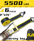 Heavy Duty Ratchet Straps 6 Pack 2 Inch By 15 Foot With J Hooks 5500 Lbs Max Break Strength shown with strong bag