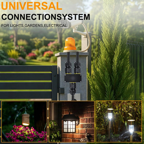 Y Shape 3 Way IP68 Waterproof Junction Box With Quick Release Cable Connector And M20 Glands UL ETL CE Certified Flame Retardant PC PA66 Space Saving Design For Landscape Lighting Fits 4 12mm Cables Black installed on garden fence post