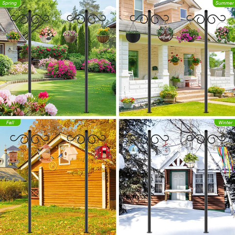 Two Pack 90 Inch Bird Feeder Pole With Five Prongs Base Heavy Duty Double Shepherds Hooks installed in seasonal garden settings