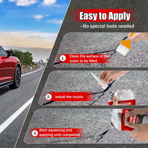Application of 2-Pack Concrete Crack Filler And Sealant Quick-Drying Waterproof Repair Sealant on cracked driveway asphalt.