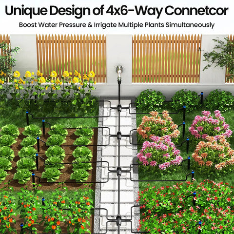 Half Inch Drip Irrigation Tubing Kit With Four Packs Six Way Connectors Fifty Foot Length For Garden Irrigation System