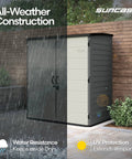 Massive 106 Cu Ft Vertical Outdoor Storage Shed With Floor And Lockable Double Doors in rain showing all-weather construction.