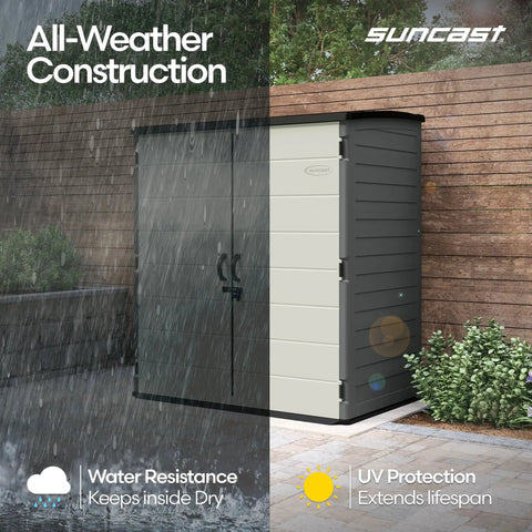 Massive 106 Cu Ft Vertical Outdoor Storage Shed With Floor And Lockable Double Doors in rain showing all-weather construction.