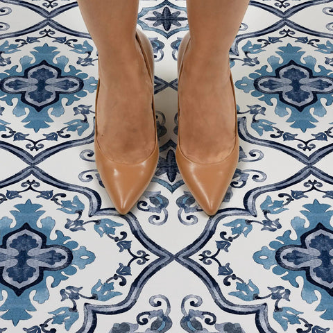 Marrakesh Inspired Peel And Stick Floor Tiles In Blue Floral Vinyl Water Resistant Washable 12 By 12 Inches Pack Of 10 Easy Install