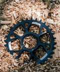 Narrow Wide 30T Direct Mount Chainring For Shimano MTB Cranks on wood chips, One Piece 7075 Aluminum CNC Finish