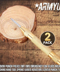 Knock Out Locked Windows Easy With This Heavy Duty Spring Loaded Glass Breaker Featuring Extra Steel Tip Adjustable Tension And A Knurled Brass Body For Rapid Emergency Rescue Two Pack on a wooden surface.