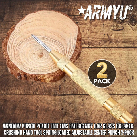 Knock Out Locked Windows Easy With This Heavy Duty Spring Loaded Glass Breaker Featuring Extra Steel Tip Adjustable Tension And A Knurled Brass Body For Rapid Emergency Rescue Two Pack on a wooden surface.