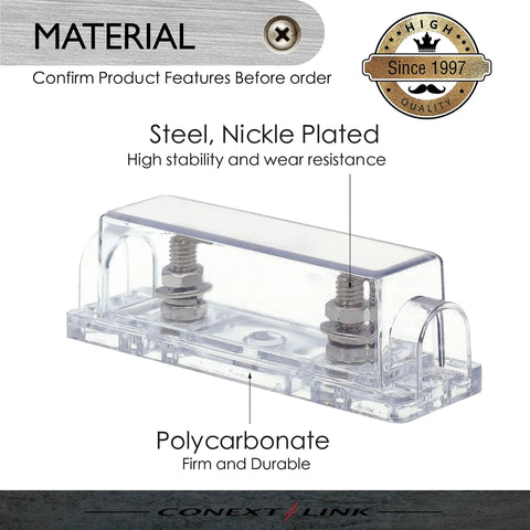 Heavy Duty Anl Inline Fuse Holder Kit For 1/0 2 4 AWG Car Wiring With Premium Nickel Contacts and Shatter Resistant Cover, clear polycarbonate material.