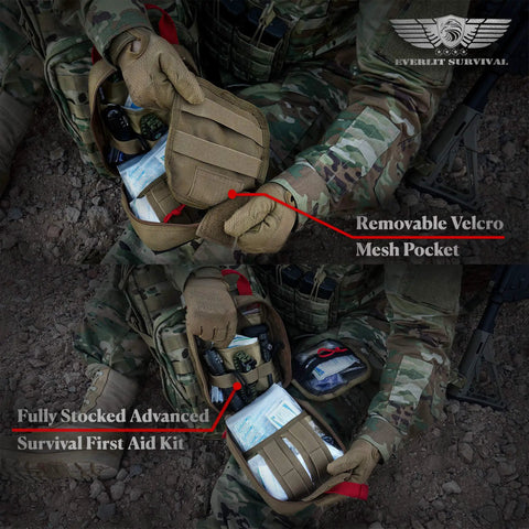 Upgraded Survival First Aid Kit With 1000D Nylon EMT Pouch Tactical Trauma Kit open showing supplies and removable velcro mesh pocket