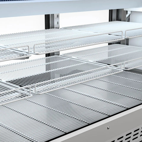 Top Shelf 82 Inch Commercial Deli Case And Meat Display Refrigerator With Heavy Duty Stainless Steel Curved Glass Front LED Strip Lights Rolling Casters And 32 Cubic Feet Cold Storage For Your Counter, featuring metal wire shelving.
