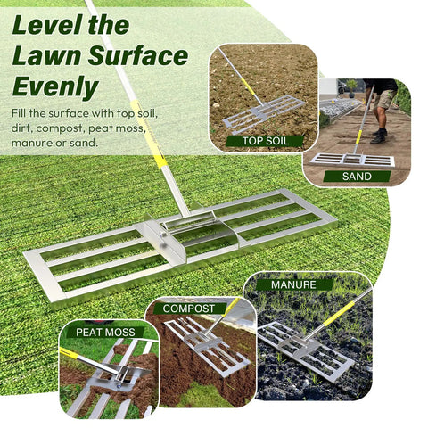 Lawn Leveling Rake With Adjustable Stainless Steel Handle, 6.5 Ft Extendable Pole on green grass with soil, sand, peat moss.