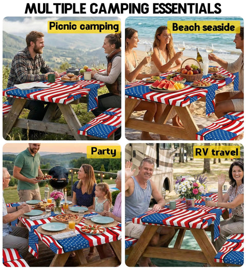 Waterproof Picnic Table Cover With Bench Covers Set for 72x30 Table shown at picnic, beach, party, RV travel