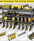 Heavy Duty Power Tool Organizer Wall Mount With Four Tier Storage And Eight Drill Holders Easy Install Garage Workshop Rack displaying tools on wall mount.