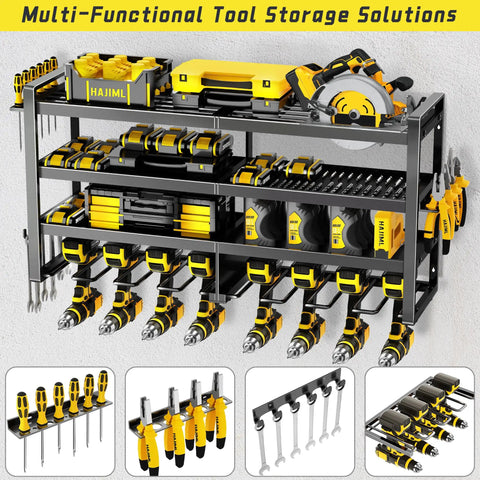 Heavy Duty Power Tool Organizer Wall Mount With Four Tier Storage And Eight Drill Holders Easy Install Garage Workshop Rack displaying tools on wall mount.
