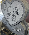 Heart Cemetery Memorial Headstone And Base With Two Design Options, Custom Engraved Gray Granite Upright Monument, Polished Die With Matching Base For Grave.