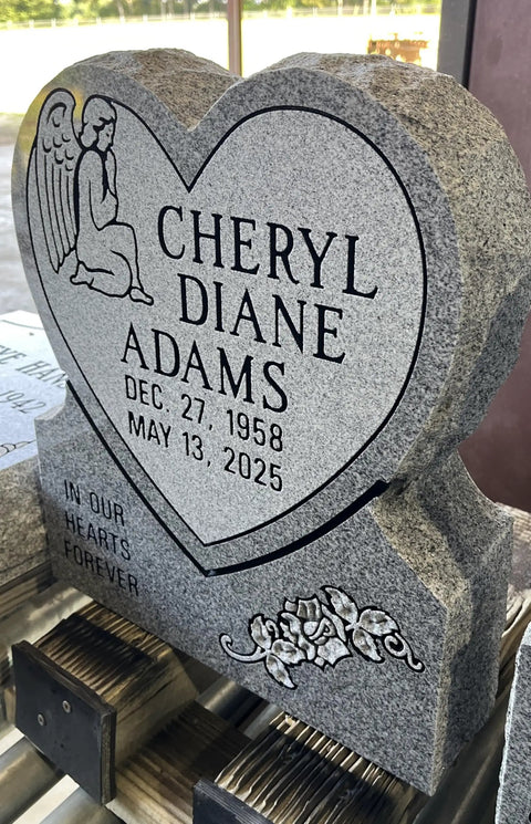 Heart Cemetery Memorial Headstone And Base With Two Design Options, Custom Engraved Gray Granite Upright Monument, Polished Die With Matching Base For Grave.