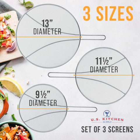 Three Sizes Stainless Steel Splatter Screen Set With Resting Feet 13 Inch 11.5 Inch And 9.5 Inch Fine Mesh Grease Guard for kitchen use.