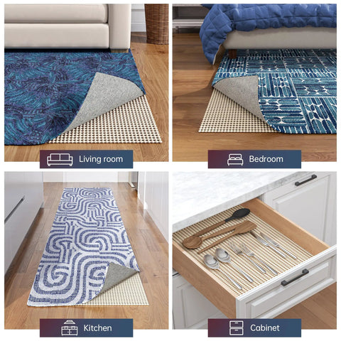 Heavy Duty Non Slip Rug Pad Gripper 2x3 Feet for Area Rugs showing multiple uses in living room, bedroom, kitchen, and cabinet drawer.