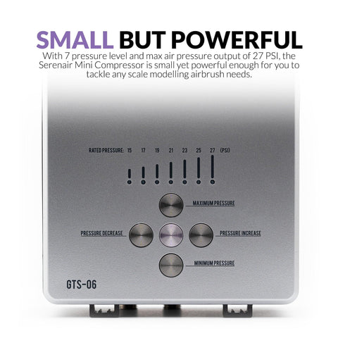 Close-up of the Serenair mini compressor with pressure levels for Ambition Series GTS-06 Airbrush Kit With Compact Air Compressor.