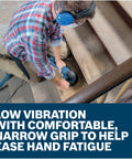 Man using a Heavy Duty Electric Orbital Sander Featuring A Kick Butt Turbo Mode For Brutal Wood Stock Removal And Smooth As Silk Finishing - 7.5 Amp Corded Power Tool.