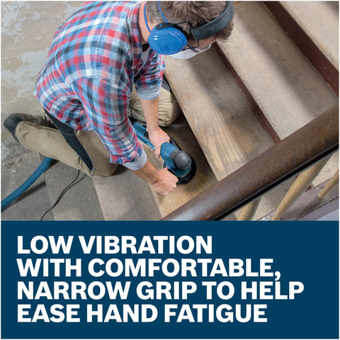 Man using a Heavy Duty Electric Orbital Sander Featuring A Kick Butt Turbo Mode For Brutal Wood Stock Removal And Smooth As Silk Finishing - 7.5 Amp Corded Power Tool.
