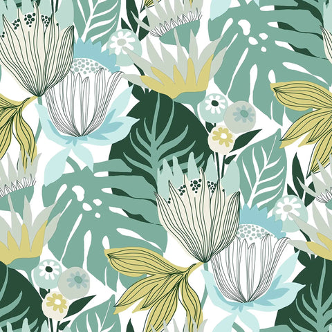 Teal And Yellow Retro Tropical Leaves Peel And Stick Wallpaper Roll For Accent Walls Dope Vibe 20.5 Inch Wide By 16.5 Feet Long