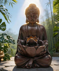Chill Zen Buddha Outdoor Water Fountain 19 Inch Handcrafted Statue Water Feature with Soothing Waterfalls and Lights.