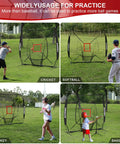Four images showcasing 7X7 Baseball Practice Net Featuring Adjustable Strike Zone And Height Adjustable Tee for multiple sports practice.