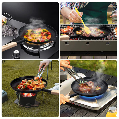 Cooking with Preseasoned 8 Inch Frying Pan Skillet With Detachable Wooden Handle on various heat sources, indoor and outdoor setups.