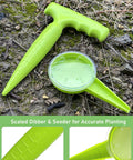 Go-To Handheld Seed Spreader And Planter Tool With Dibber For Small Seeds in light green with measurement markings.