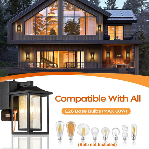 Black Exterior Wall Light With Dusk To Dawn Sensor And Seeded Glass For Front Porch Patio Or Garden, 1 Light Outdoor Fixture, shown installed on house