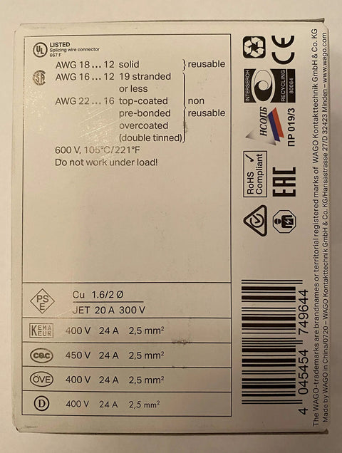 No Sweat Twistless Wire Connectors 100 Pack labels showing specifications and compatibility for copper cables 12 to 16 AWG