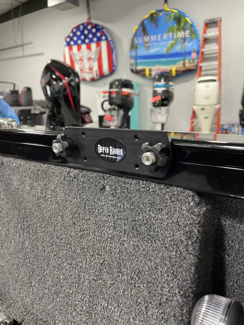 Rod Holder Mount Bracket For Boats With SureMount Track Systems Blackout Finish, Fits Straight Or Angled Gunwale Tracks, Compact 2 Inch Wide By 6 And A Half Inch Long, Easy Access Knobs With Knurled Bolt Head Position Control mounted on boat rail