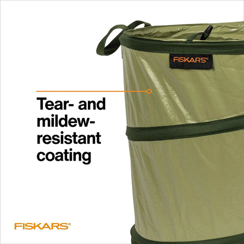 Kangaroo Collapsible Garden Bag For Yard Waste 10 Gallon Pop Up Bag with tear and mildew-resistant coating and handles visible.