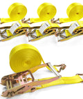 Four yellow 2 Inch By 27 Feet Ratchet Strap Tie Downs With J Hook Ends, Pro Grade Heavy Duty Cargo Straps