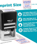 Super Large Rolling Date Self Inking Stamp With Receive Alert And Custom Line Dual Blue Red Ink Desk Essential showing imprint size and features.