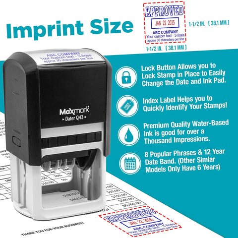 Super Large Rolling Date Self Inking Stamp With Receive Alert And Custom Line Dual Blue Red Ink Desk Essential showing imprint size and features.