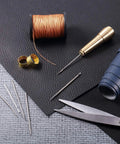 Pro Grade Leather Sewing Awl Kit With Copper Handle, 6 Needle Sizes, Nylon Cord Thread, And 2 Thimbles for DIY projects displayed