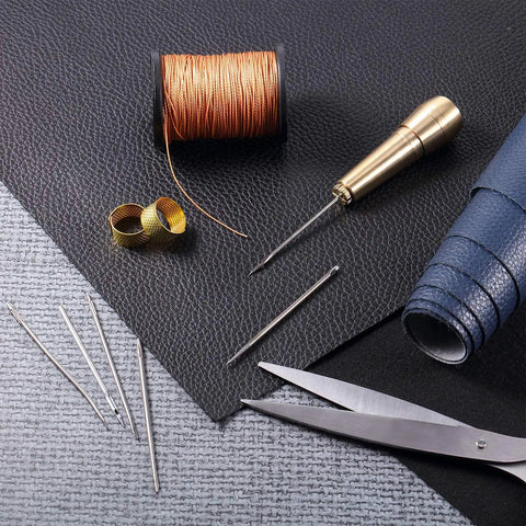 Pro Grade Leather Sewing Awl Kit With Copper Handle, 6 Needle Sizes, Nylon Cord Thread, And 2 Thimbles for DIY projects displayed