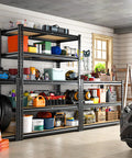 Garage with Beefy 2400 Lbs Garage Shelving System with 5 Adjustable Tiers, organized with tools and storage items.