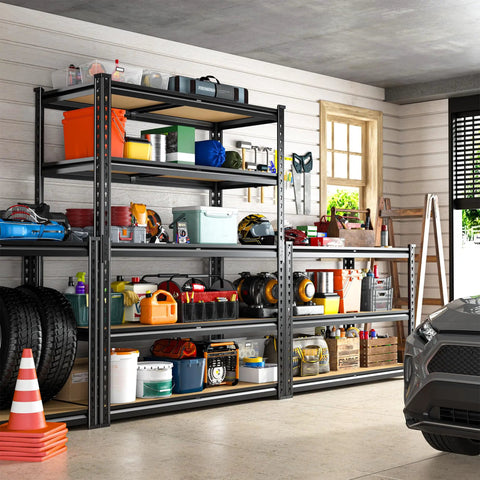 Garage with Beefy 2400 Lbs Garage Shelving System with 5 Adjustable Tiers, organized with tools and storage items.