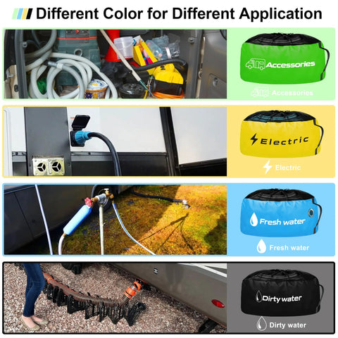 RV Storage And Organization Bags 4 Pack Black Blue Yellow Green Waterproof Organizer For Sewer Hoses Fresh And Waste Water Hoses And Electrical Cords Must Have Camper Gear To Keep Your Ride Tidy And Ready For Adventures, displaying color-coded bags and applications.