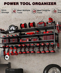 48 Inch Power Tools Organizer Wall Mount With Four Heavy Duty Shelves, 12 Drill Holders, Side Hooks And Bottom Tool Rack for garage