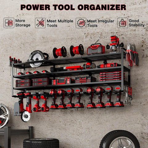 48 Inch Power Tools Organizer Wall Mount With Four Heavy Duty Shelves, 12 Drill Holders, Side Hooks And Bottom Tool Rack for garage