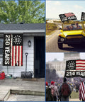 250th Anniversary USA Flag 3x5 Heavy Duty Banner displayed on house, vehicle, and in a parade with double-sided printing.