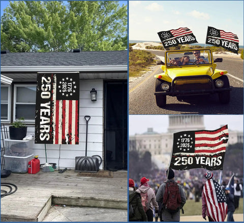 250th Anniversary USA Flag 3x5 Heavy Duty Banner displayed on house, vehicle, and in a parade with double-sided printing.