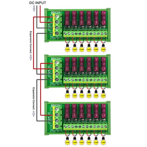 Six Channel DC Power Fuse Distribution Strip Module With DIN Rail Mount, Handles 0 to 32V, Up To 30A Total front view