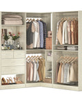 Hella Durable 97 Inch Modular Closet System With Four Hang Rods And Storage Bench 2500 Pound Heavy Duty White Oak Walk In Wardrobe Organizer showcasing organized clothes and storage.